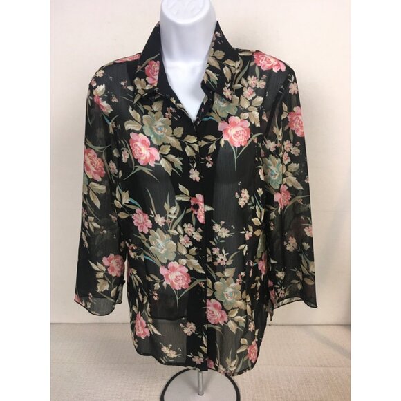 Notation Top Women Size L Black w Pink Blue Flowers Button Down Sheer Blouse - Picture 1 of 11
